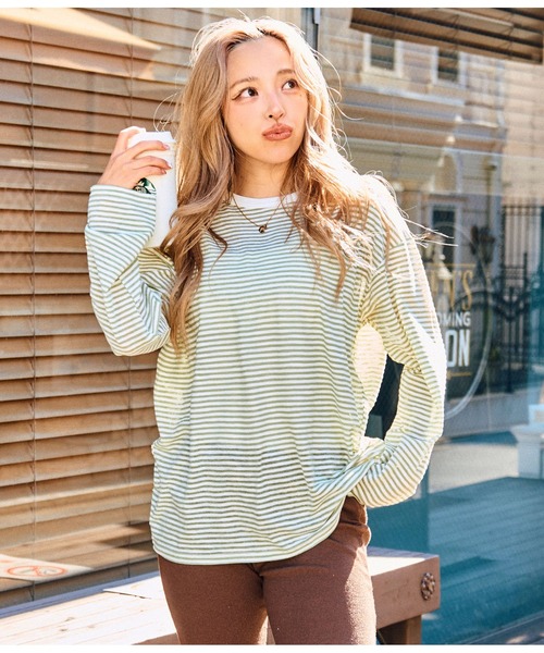 anap mimpi(アナップミンピ)の「シアー カラー ボーダー ロングスリーブ カットソー 長袖 Tシャツ(Tシャツ/カットソー・レディース・ベージュ/ネイビー/イエロー×グリーン・FREE)」の14枚目の写真