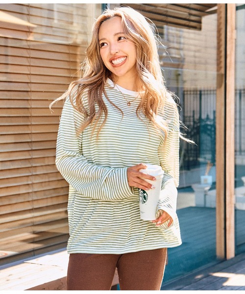 anap mimpi(アナップミンピ)の「シアー カラー ボーダー ロングスリーブ カットソー 長袖 Tシャツ(Tシャツ/カットソー・レディース・ベージュ/ネイビー/イエロー×グリーン・FREE)」の15枚目の写真