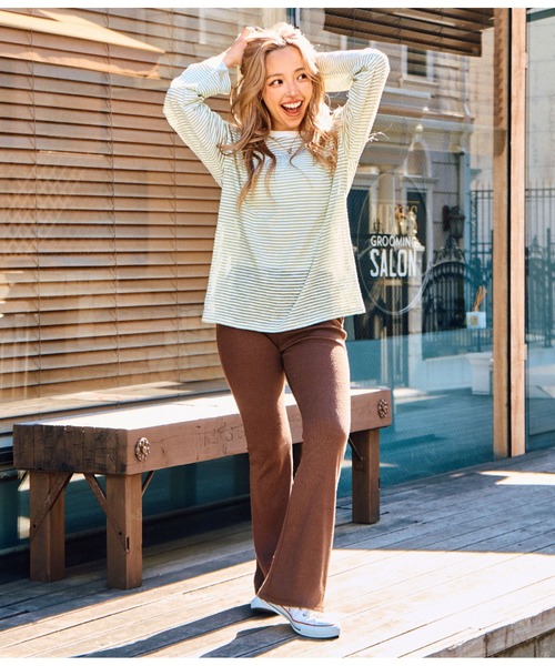 anap mimpi(アナップミンピ)の「シアー カラー ボーダー ロングスリーブ カットソー 長袖 Tシャツ(Tシャツ/カットソー・レディース・ベージュ/ネイビー/イエロー×グリーン・FREE)」の4枚目の写真