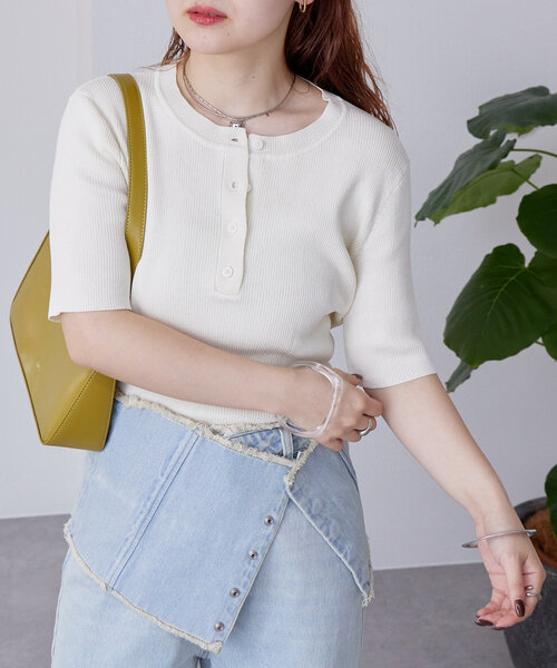 ★美品★Rene★フード付 半袖 ニット トップス★34★水色★ ラッフルレイヤード長袖ニットトップス｜WOMEN｜250HSF70-090B