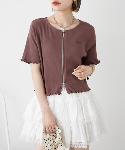 w closet(ダブルクローゼット)の「【新色追加!7色展開】半袖W ZIPリブカーデ(Tシャツ/カットソー・レディース・アイボリー/チャコールグレー/ブルー/レッド/ネイビー/グリーン/ブラウン・FREE)」の3枚目の写真