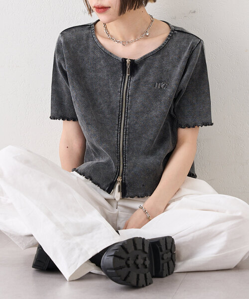 w closet(ダブルクローゼット)の「【新色追加!7色展開】半袖W ZIPリブカーデ(Tシャツ/カットソー・レディース・アイボリー/チャコールグレー/ブルー/レッド/ネイビー/グリーン/ブラウン・FREE)」の1枚目の写真