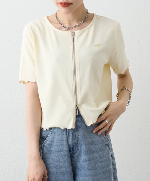 w closet(ダブルクローゼット)の「【新色追加!7色展開】半袖W ZIPリブカーデ(Tシャツ/カットソー・レディース・アイボリー/チャコールグレー/ブルー/レッド/ネイビー/グリーン/ブラウン・FREE)」の2枚目の写真