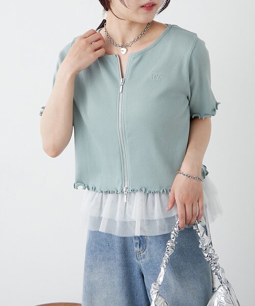 w closet(ダブルクローゼット)の「【新色追加!7色展開】半袖W ZIPリブカーデ(Tシャツ/カットソー・レディース・アイボリー/チャコールグレー/ブルー/レッド/ネイビー/グリーン/ブラウン・FREE)」の9枚目の写真