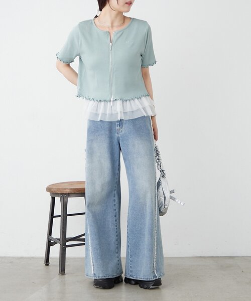 w closet(ダブルクローゼット)の「【新色追加!7色展開】半袖W ZIPリブカーデ(Tシャツ/カットソー・レディース・アイボリー/チャコールグレー/ブルー/レッド/ネイビー/グリーン/ブラウン・FREE)」の16枚目の写真