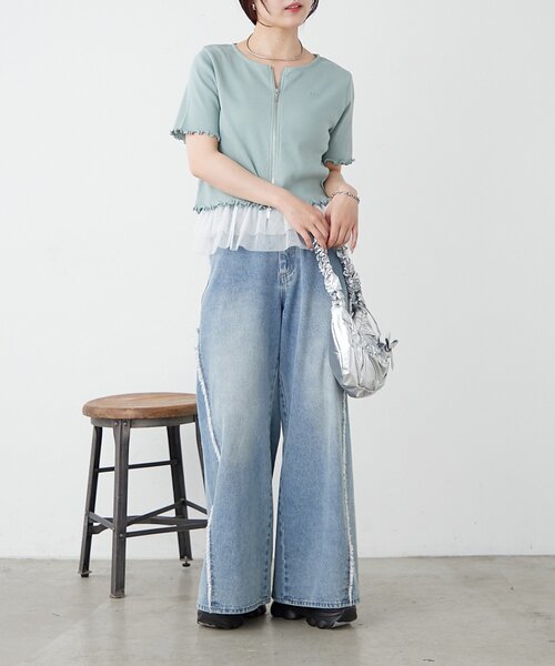 w closet(ダブルクローゼット)の「【新色追加!7色展開】半袖W ZIPリブカーデ(Tシャツ/カットソー・レディース・アイボリー/チャコールグレー/ブルー/レッド/ネイビー/グリーン/ブラウン・FREE)」の17枚目の写真