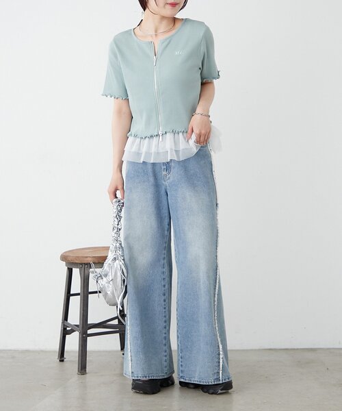 w closet(ダブルクローゼット)の「【新色追加!7色展開】半袖W ZIPリブカーデ(Tシャツ/カットソー・レディース・アイボリー/チャコールグレー/ブルー/レッド/ネイビー/グリーン/ブラウン・FREE)」の18枚目の写真