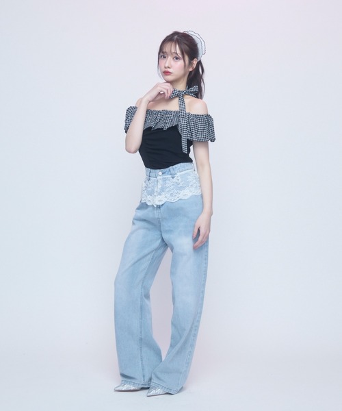 TITTY&CO.（ティティーアンドコー）の「ギンガムフリルオフショルトップス半袖（Tシャツ/カットソー・レディース・ブラック/アイボリー/グレー・FREE）」の18枚目の写真