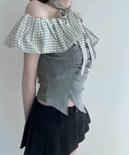 TITTY&CO.（ティティーアンドコー）の「ギンガムフリルオフショルトップス半袖（Tシャツ/カットソー・レディース・ブラック/アイボリー/グレー・FREE）」の20枚目の写真