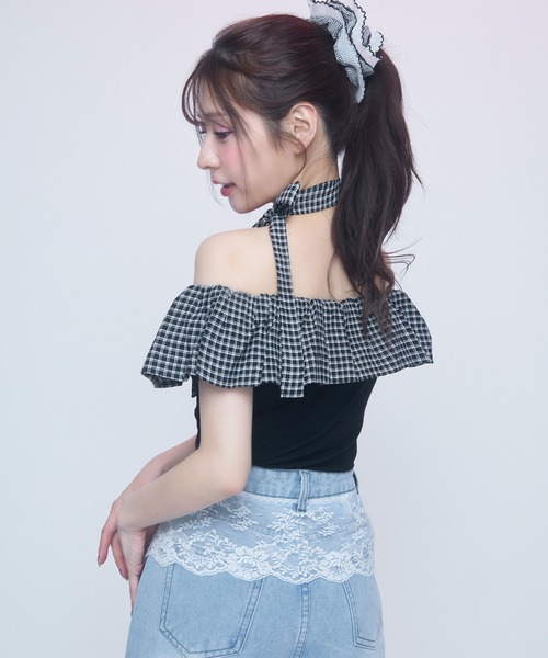 BPN 姫袖オフショルトップス ギンガムフリルオフショルトップス半袖（Tシャツ/カットソー