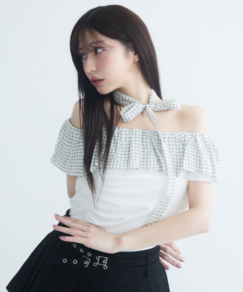 セール】ギンガムフリルオフショルトップス半袖（Tシャツ