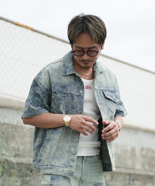 #Re:room（リルーム）の「ペイズリーデニムハーフスリーブジャケット（デニムジャケット・メンズ・ブルー・S-M/M-L）」の2枚目の写真