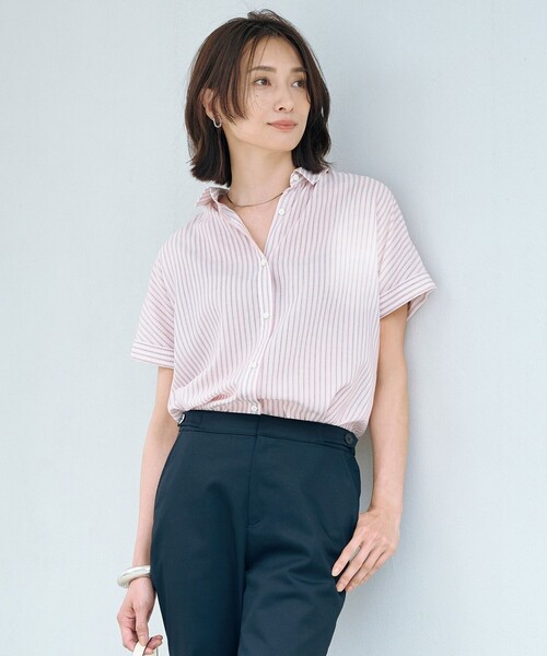 J.PRESS(ジェイプレス)の「【洗える・接触冷感】ドビー強撚ストライプ シャツ ブラウス(シャツ/ブラウス・レディース・ネイビー系1/ピンク系1・9/11)」の2枚目の写真