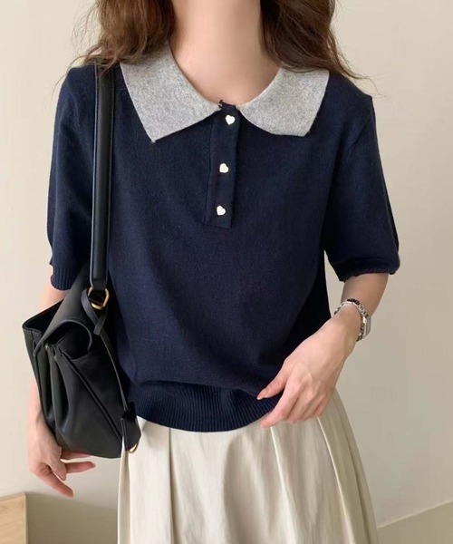 DAKS Liberty タナローンコンビニット（半袖） セール】配色ポロカラー半袖ニット（ニット/セーター）｜Girly