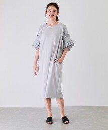 袖フリルストレートワンピース