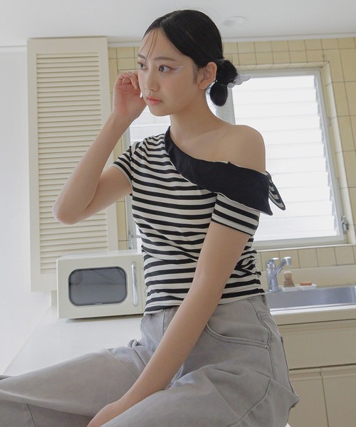 3.3 Field Trip （3.3フィールドトリップ）の「3.3 Field Trip／ボーダーワンショルT（Tシャツ/カットソー・レディース・ネイビー/ブラック・FREE）」の7枚目の写真