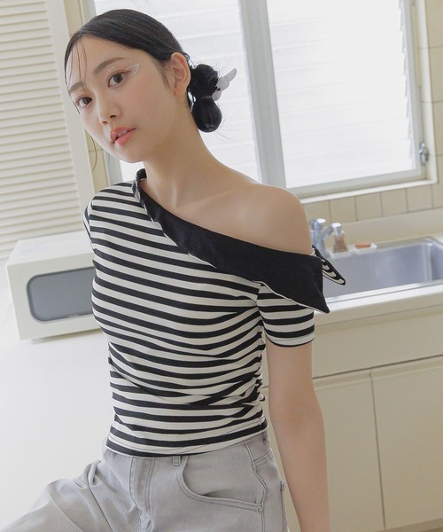 3.3 Field Trip （3.3フィールドトリップ）の「3.3 Field Trip／ボーダーワンショルT（Tシャツ/カットソー・レディース・ネイビー/ブラック・FREE）」の8枚目の写真