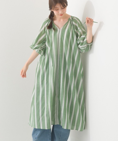 ヌキテパ　近年モデル　マドラスストライプワンピース　コットンボイル　スキッパー ne Quittez pas｜コットン ボイル ストライプ ギャザー ドレス