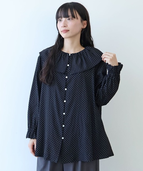 △キュプラ ルナファー ドットプリント ケープ衿 ブラウス（シャツ