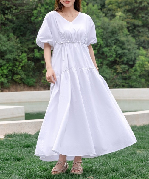 セール】レディース ぽわん袖ウエストギャザーティアードロング