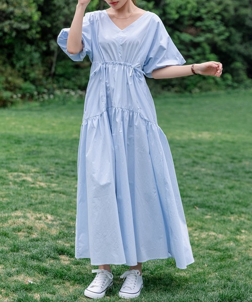 レディース ぽわん袖ウエストギャザーティアードロングワンピース