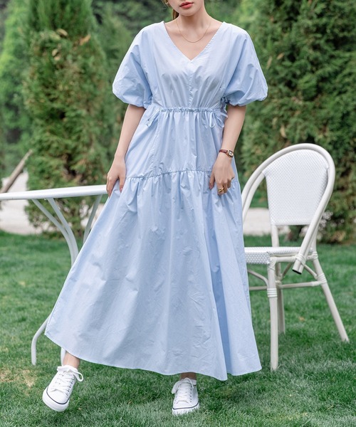DAY CLOSET(デイ クローゼット)の「レディース ぽわん袖ウエストギャザーティアードロングワンピース(ワンピース・レディース・ブルー系その他/ホワイト/ブラック・S/M)」の18枚目の写真