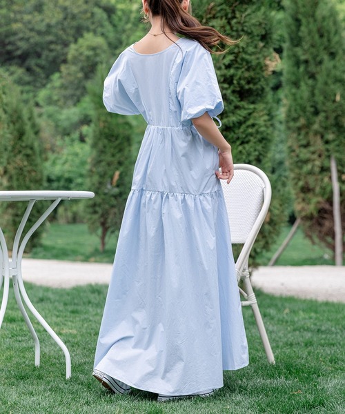 レディース ぽわん袖ウエストギャザーティアードロングワンピース