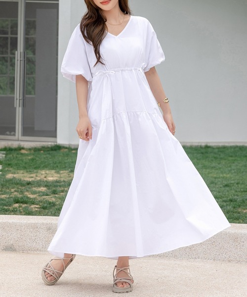 レディース ぽわん袖ウエストギャザーティアードロングワンピース