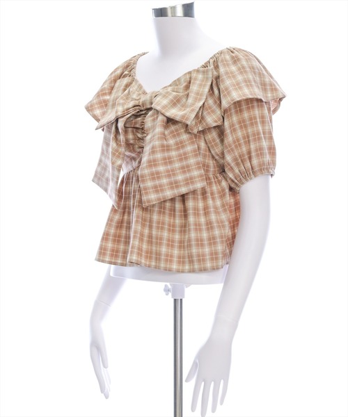 clear（クリア）の「ビッグリボンチェック柄半袖ブラウス[カジュアル リボン ガーリー オフショル]≪SS新作≫（シャツ/ブラウス・レディース・ベージュ/ブラウン/レッド・F）」の13枚目の写真