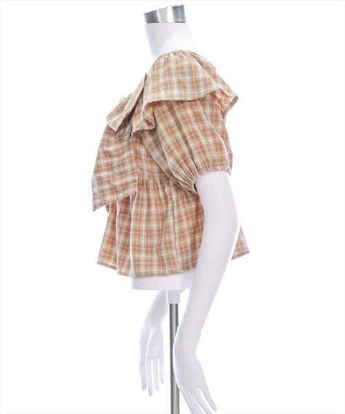 clear（クリア）の「ビッグリボンチェック柄半袖ブラウス[カジュアル リボン ガーリー オフショル]≪SS新作≫（シャツ/ブラウス・レディース・ベージュ/ブラウン/レッド・F）」の12枚目の写真