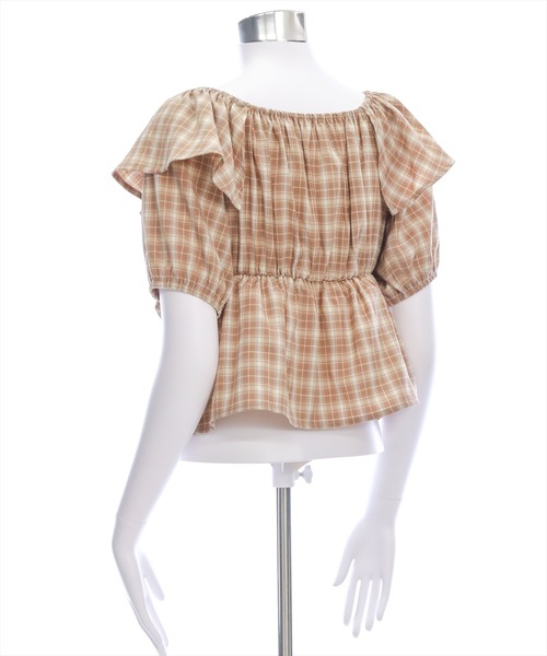 clear（クリア）の「ビッグリボンチェック柄半袖ブラウス[カジュアル リボン ガーリー オフショル]≪SS新作≫（シャツ/ブラウス・レディース・ベージュ/ブラウン/レッド・F）」の11枚目の写真