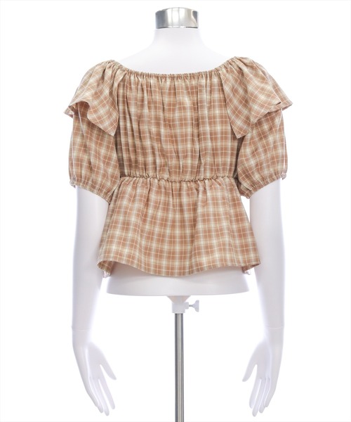 clear（クリア）の「ビッグリボンチェック柄半袖ブラウス[カジュアル リボン ガーリー オフショル]≪SS新作≫（シャツ/ブラウス・レディース・ベージュ/ブラウン/レッド・F）」の10枚目の写真