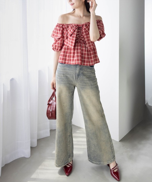 clear（クリア）の「ビッグリボンチェック柄半袖ブラウス[カジュアル リボン ガーリー オフショル]≪SS新作≫（シャツ/ブラウス・レディース・ベージュ/ブラウン/レッド・F）」の19枚目の写真