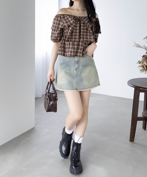 clear（クリア）の「ビッグリボンチェック柄半袖ブラウス[カジュアル リボン ガーリー オフショル]≪SS新作≫（シャツ/ブラウス・レディース・ベージュ/ブラウン/レッド・F）」の17枚目の写真