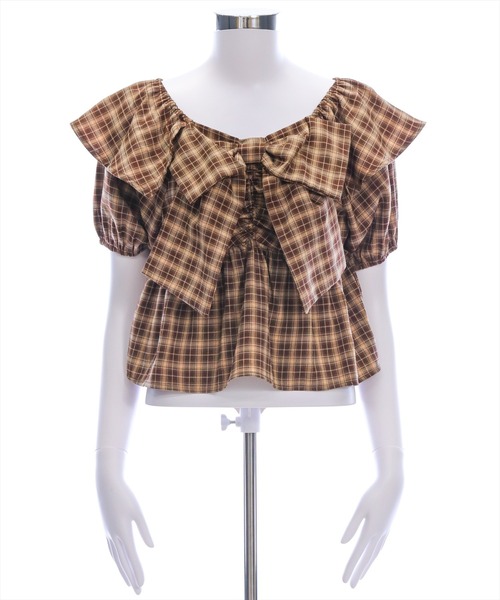 clear（クリア）の「ビッグリボンチェック柄半袖ブラウス[カジュアル リボン ガーリー オフショル]≪SS新作≫（シャツ/ブラウス・レディース・ベージュ/ブラウン/レッド・F）」の4枚目の写真