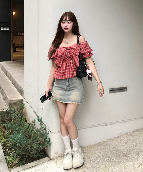 clear（クリア）の「ビッグリボンチェック柄半袖ブラウス[カジュアル リボン ガーリー オフショル]≪SS新作≫（シャツ/ブラウス・レディース・ベージュ/ブラウン/レッド・F）」の20枚目の写真