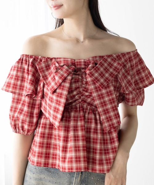 clear（クリア）の「ビッグリボンチェック柄半袖ブラウス[カジュアル リボン ガーリー オフショル]≪SS新作≫（シャツ/ブラウス・レディース・ベージュ/ブラウン/レッド・F）」の21枚目の写真