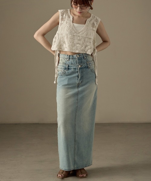 Fashion Letter（ファッションレター）の「かぎ針編みクロシェニット サイドリボンベスト（ベスト・レディース・ブラック/キナリ・M）」の4枚目の写真