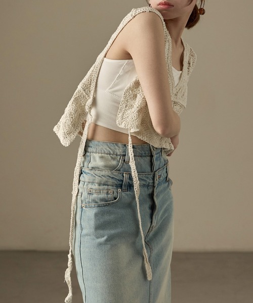 Fashion Letter（ファッションレター）の「かぎ針編みクロシェニット サイドリボンベスト（ベスト・レディース・ブラック/キナリ・M）」の12枚目の写真