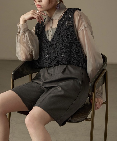 Fashion Letter（ファッションレター）の「かぎ針編みクロシェニット サイドリボンベスト（ベスト・レディース・ブラック/キナリ・M）」の16枚目の写真