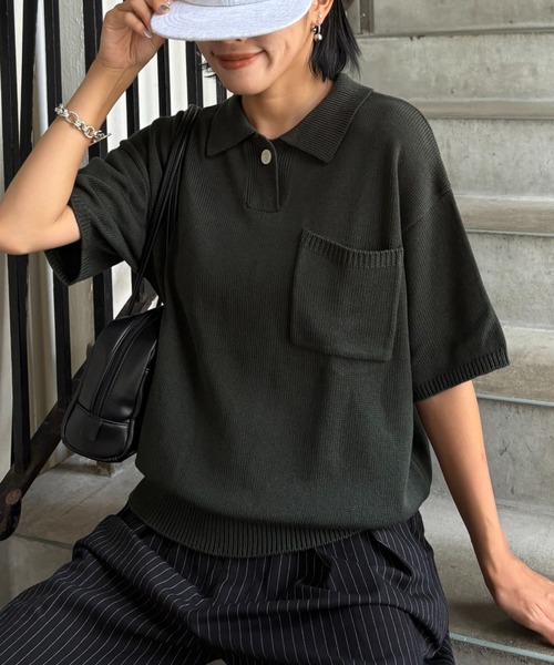 CIAOPANIC TYPY（チャオパニックティピー）の「【UNISEX】サマーニットポロシャツ（ポロシャツ・レディース・グリーン/アイボリー/ブラウン/ブラック・MEDIUM/LARGE）」の4枚目の写真