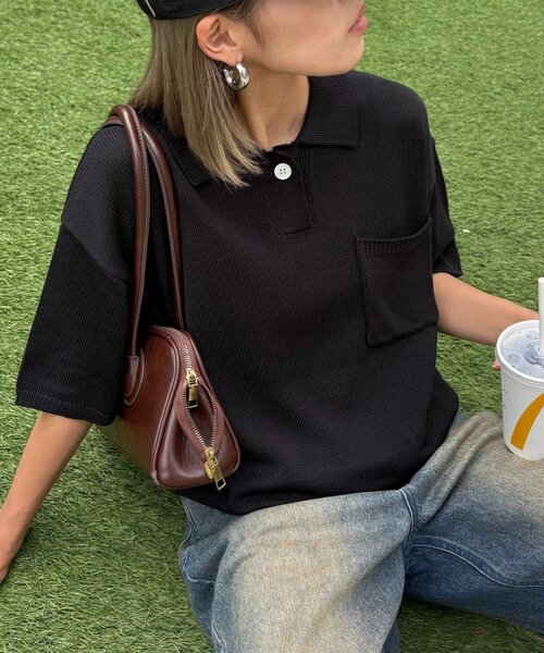 CIAOPANIC TYPY（チャオパニックティピー）の「【UNISEX】サマーニットポロシャツ（ポロシャツ・レディース・グリーン/アイボリー/ブラウン/ブラック・MEDIUM/LARGE）」の2枚目の写真