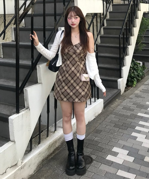セール】リボン付きチェックミニワンピース[着回し力抜群 ガーリー