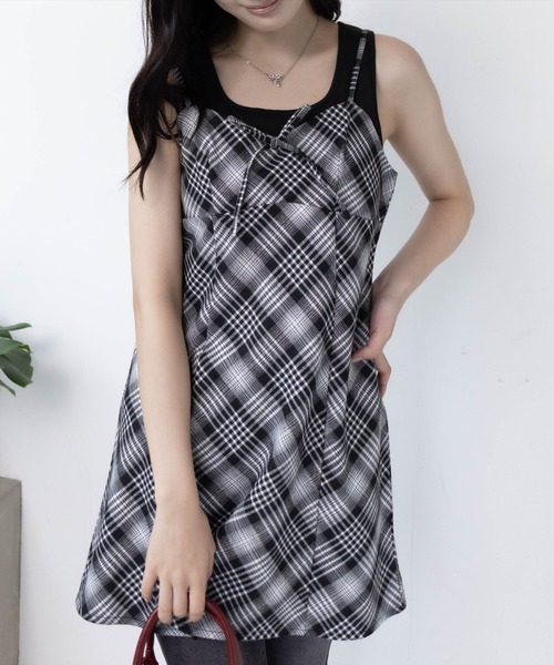 セール】リボン付きチェックミニワンピ‐ス[着回し力抜群 ガーリー