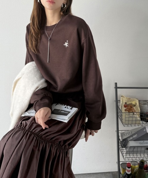 classicalelf(クラシカルエルフ)の「一枚でコーディネートが完成する優秀アイテム◎胸刺繍ドロスト裏起毛ドッキングワンピース(ワンピース・レディース・ブラウン/オートミール/ブラック・MEDIUM/LARGE/X-LARGE/SMALL)」の7枚目の写真