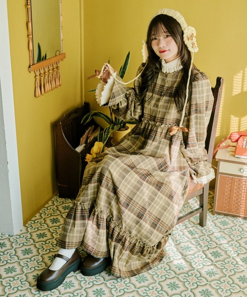セール】【クティールとレトロ】2WAYフリルボウタイチェックワンピース