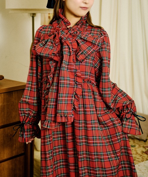 セール】【クティールとレトロ】2WAYフリルボウタイチェックワンピース