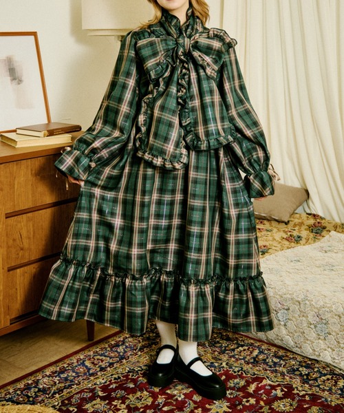極美品✨人気 ダイアグラム ボウタイ チェック ワンピース マキシ丈 2way kutir（クティール）の「【クティールとレトロ】2WAYフリル