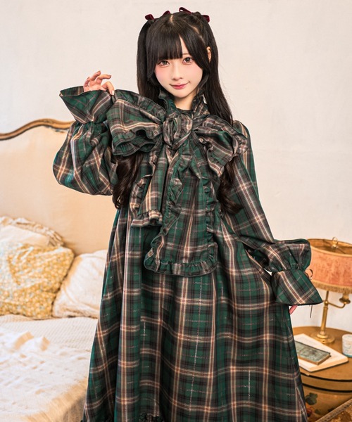 セール】【クティールとレトロ】2WAYフリルボウタイチェックワンピース