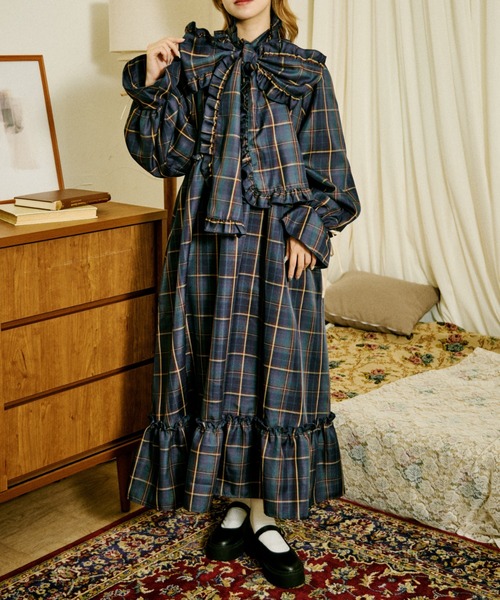セール】【クティールとレトロ】2WAYフリルボウタイチェックワンピース